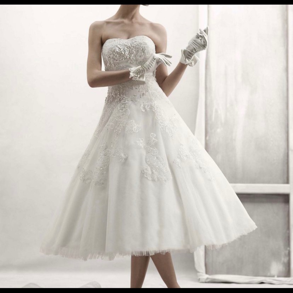 Oleg Cassini tea length wedding dress white